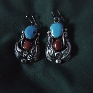 Turquoise and Red Silver Earrings
